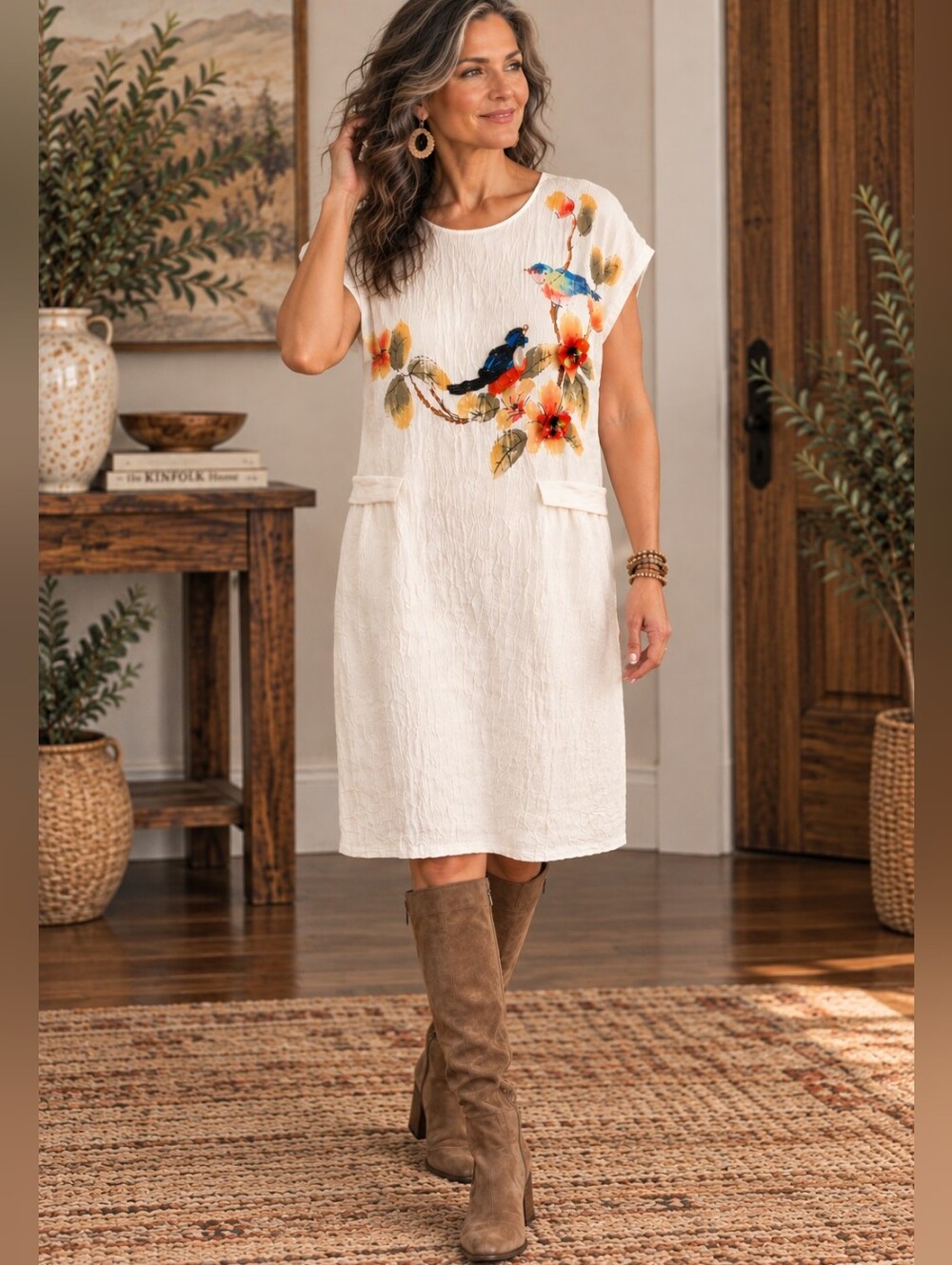 ELENYUN White Bird Floral Embellished Silk Linen Dress M A4
